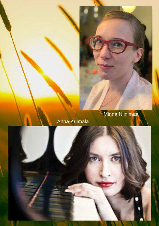 Masku-konsertit: Pianoilta Muotokuvat pianoillan esiintyjistä. Minna Niinimaa, Anna Kulmala. Taustalla lämpimänsävyinen vastavaloon otettu kuva heinäpellosta.