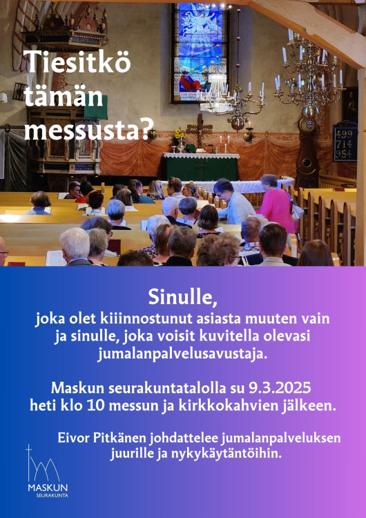 Tiesitkö tämän messusta? Kirkkosali ja ihmisiä asettumassa penkkeihin.